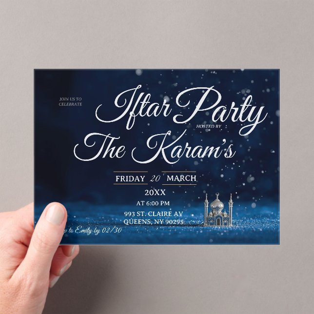 Blue Elegant Mosque Ramadan Iftar Party  Acrylic Invitations (Insitu (Handheld))