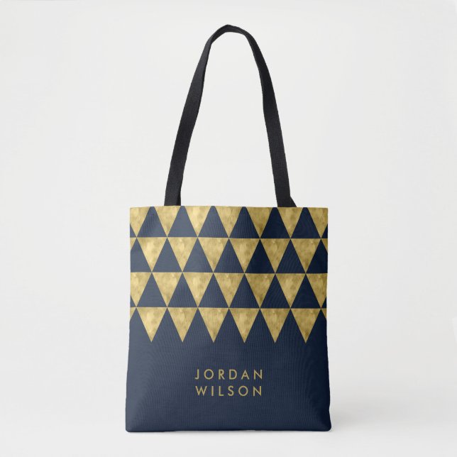 Blue Elegant Name Faux Gold Triangle Pattern Tote Bag (Front)