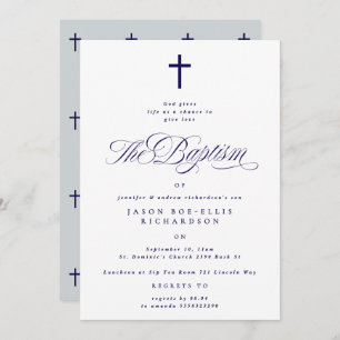 Blue Elegant Navy Cross Boy Baptism Invitation