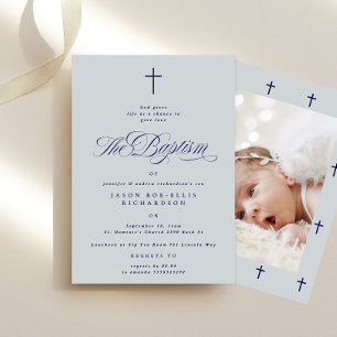 Blue Elegant Navy Cross Boy Photo Baptism Invitation