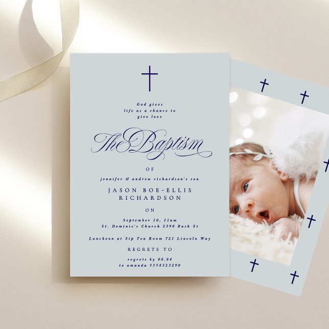 Blue Elegant Navy Cross Boy Photo Baptism Invitation (Creator Uploaded)