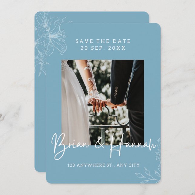 Blue Elegant Outline Lily Border Save The Date  (Front/Back)