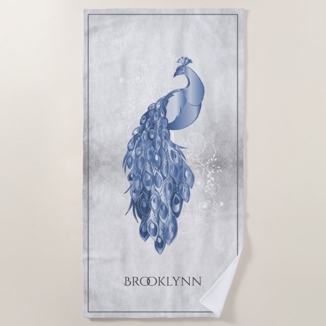Blue Elegant Peacock Beach Serviette (Devant)
