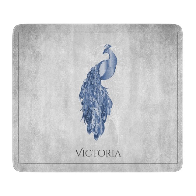 Blue Elegant Peacock Personalized Cutting Board (Front)