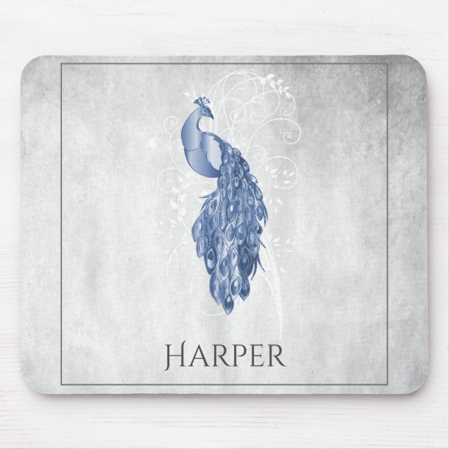 Blue Elegant Peacock Personalized Mouse Pad (Front)