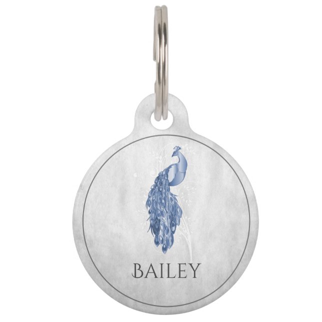 Blue Elegant Peacock Round Pet Tag (Front)