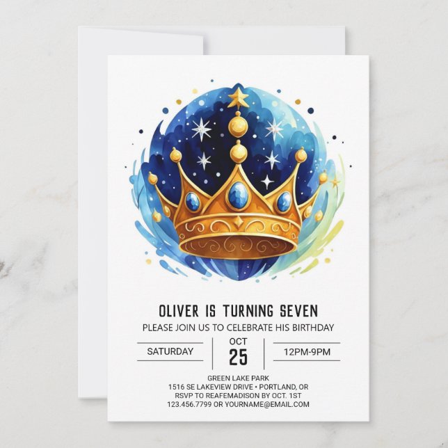 Blue Elegant Prince Crown Birthday Invitation (Front)