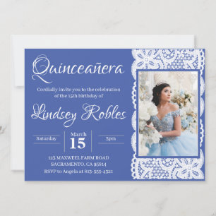 Blue Elegant Quinceanera Photo Invitations