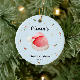 Blue Elegant Santa Hat Baby's Frist Christmas Ceramic Ornament
