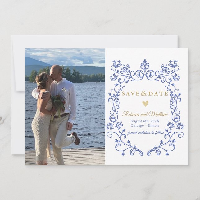 Blue elegant Save the date photo Victorian Announcement (Front)