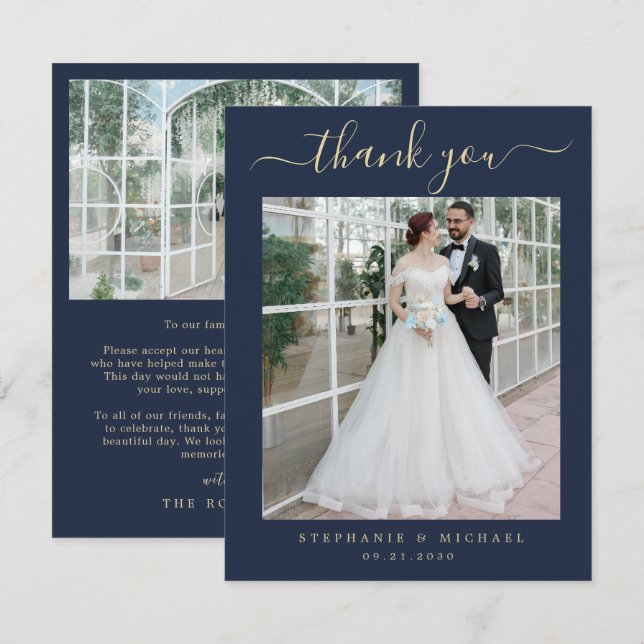 Blue Elegant Script 2 Photo Wedding Gold Script Thank You Card (Front/Back)