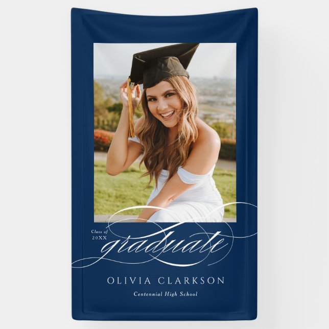 Blue Elegant Script Graduation Photo Party Banner (Vertical)