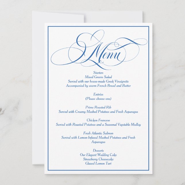 Blue Elegant Script Wedding Menu Invitation (Front)
