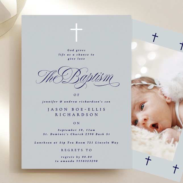 Blue Elegant Silver Cross Boy Baptism Invitation p (Créateur téléchargé)