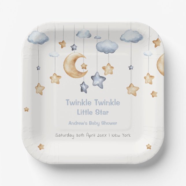Blue Elegant Twinkle Twinkle Baby Shower Paper Plate (Front)