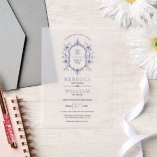 Blue elegant vintage floral crest monogram wedding vellum invitations