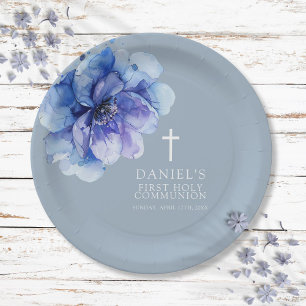 Blue Elegant Watercolor Floral Holy Communion Paper Plate
