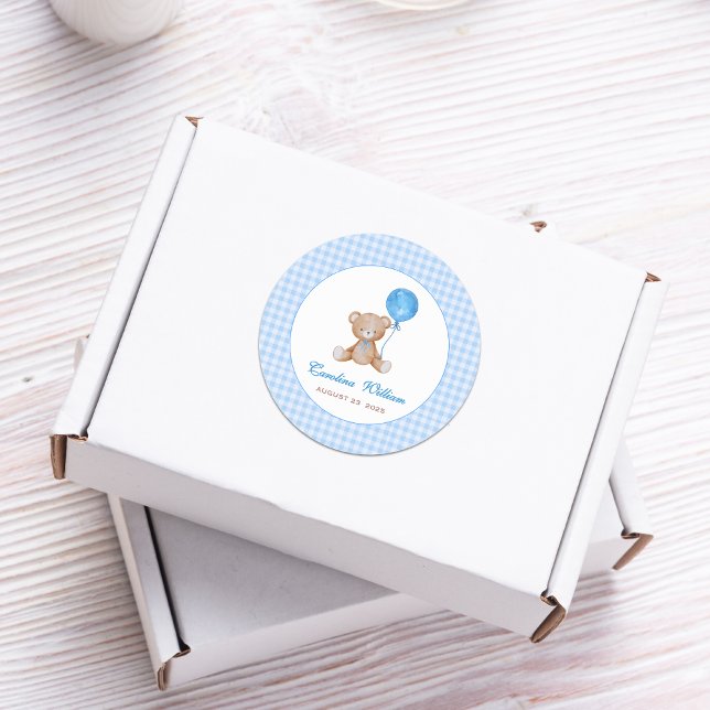 Blue elegant we can bearly wait baby shower classic round sticker (Creator Uploaded)
