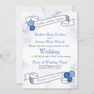 Blue Elegant White Grey Floral Heart Invitation