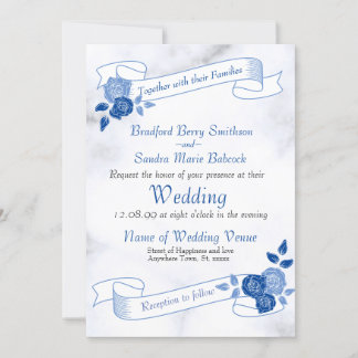Blue Elegant White Grey Floral Heart Invitation