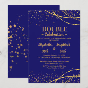 Blue elegant with gold stars double joint birthday invitation