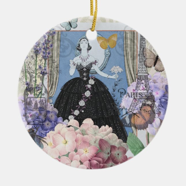 Blue Elegant Woman Floral Fancy Gown  Ceramic Ornament (Front)