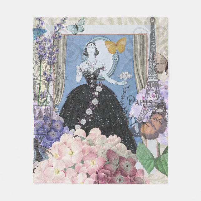 Blue Elegant Woman Floral Fancy Gown  Fleece Blanket (Front)