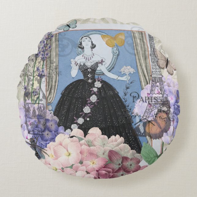 Blue Elegant Woman Floral Fancy Gown  Round Pillow (Front)