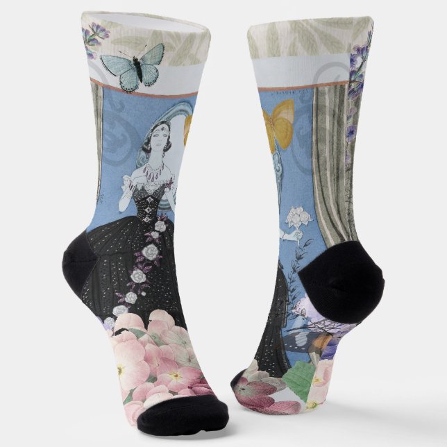 Blue Elegant Woman Floral Fancy Gown  Socks (Angled)