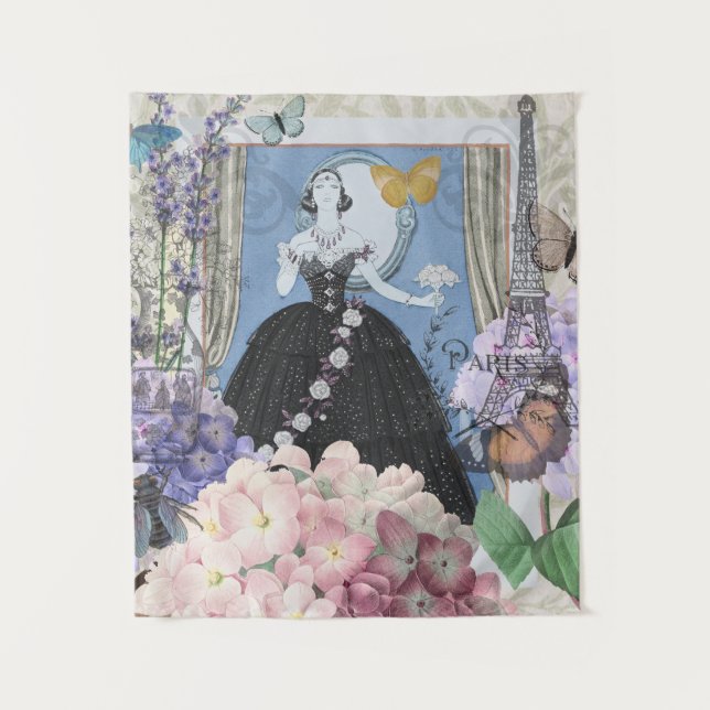 Blue Elegant Woman Floral Fancy Gown  Tapestry (Front)