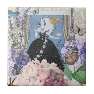 Blue Elegant Woman Floral Fancy Gown Tile