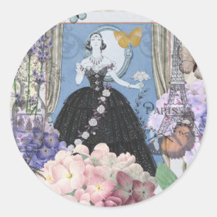 Blue Elegant Woman Floral Gown Dressy Classic Round Sticker