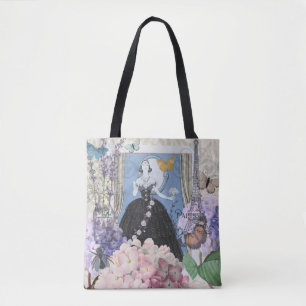 Blue Elegant Woman Floral Gown Dressy Tote Bag