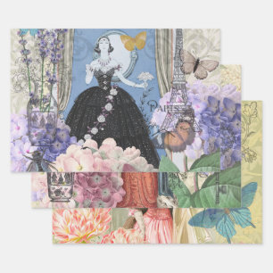 Blue Elegant Woman Floral Gown Dressy Wrapping Paper Sheet