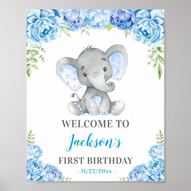 Blue Elephant 1st 2nd 3rd Birthday Party Welcome Poster (Front)