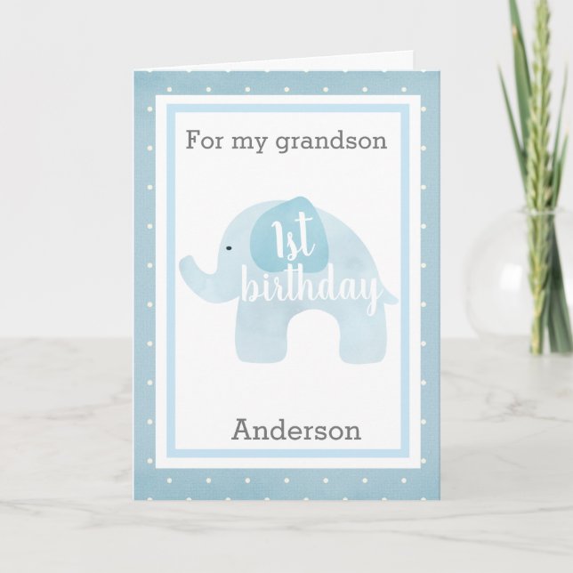 Blue Elephant 1st Birthday Grandson Card (Front)