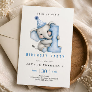 Blue Elephant 1st Birthday Invitation for Boy