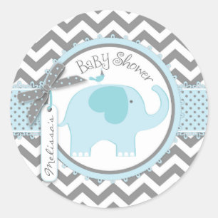Blue Elephant and Chevron Print Baby Shower Classic Round Sticker