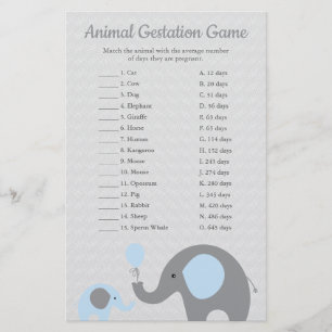 Blue Elephant Animal Gestation Match Shower Game