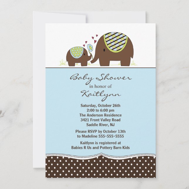 Blue Elephant  & Baby Boy Baby Shower Invitation (Front)