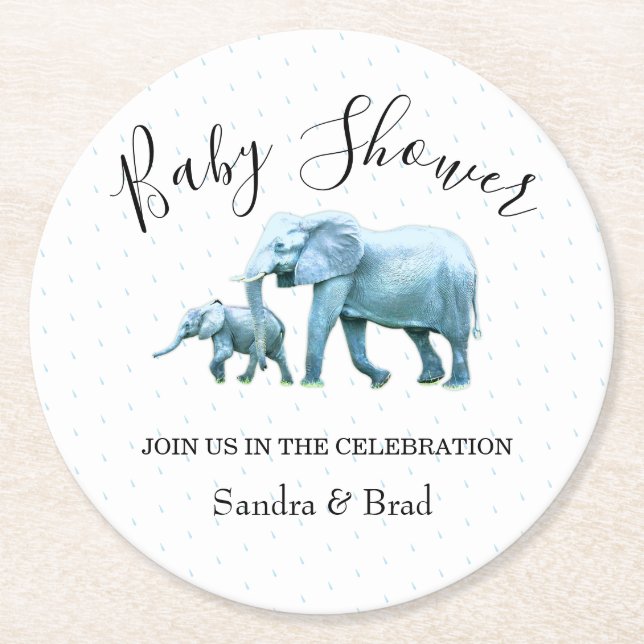 Blue elephant, baby Boy baby shower Round Paper Coaster (Front)