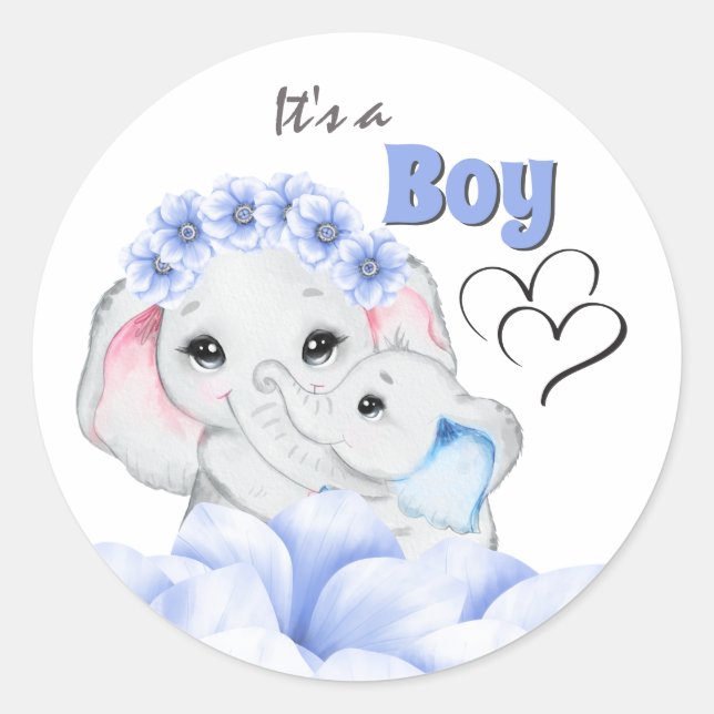 Blue elephant baby boy birth announcement classic round sticker (Front)