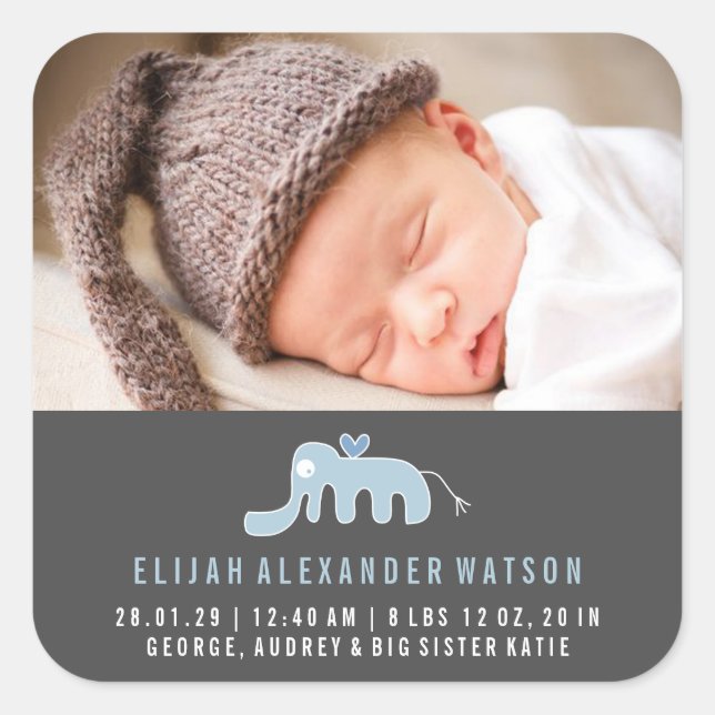 Blue Elephant Baby Boy Birth Announcement Sticker (Front)