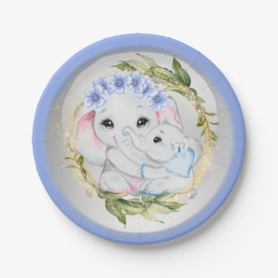 Blue elephant baby boy birth eucalyptus frame  paper plate
