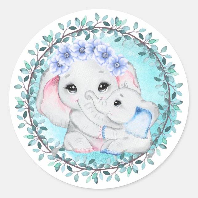 Blue elephant baby boy mom leaf wreath birth classic round sticker (Front)