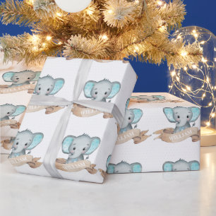 Blue Elephant Baby Boy Pattern Template Name Wrapping Paper