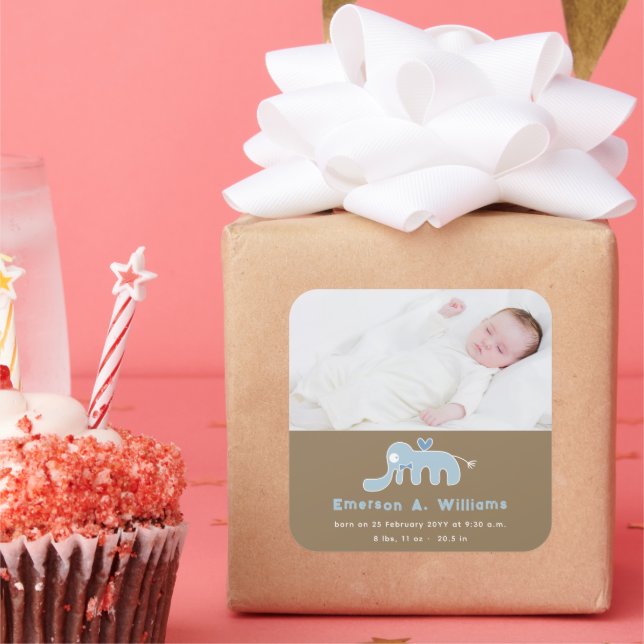 Blue Elephant Baby Boy Photo Birth Announcement Square Sticker (Party)