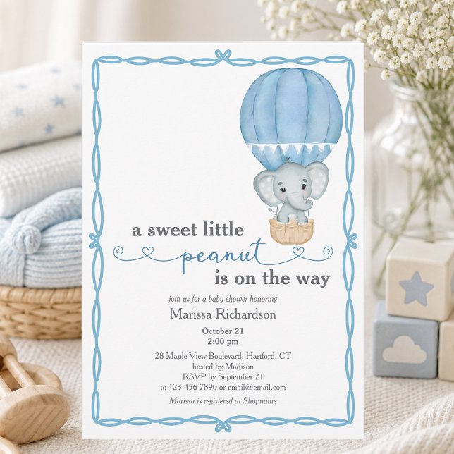 Blue Elephant Baby Boy Shower Invitation (cute sweet little peanut blue hot air balloon elephant baby boy shower custom invitation)