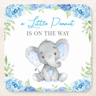 Blue Elephant Baby Boy Shower Sprinkle Birthday Square Paper Coaster