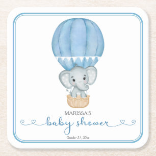 Blue Elephant Baby Boy Shower Square Paper Coaster